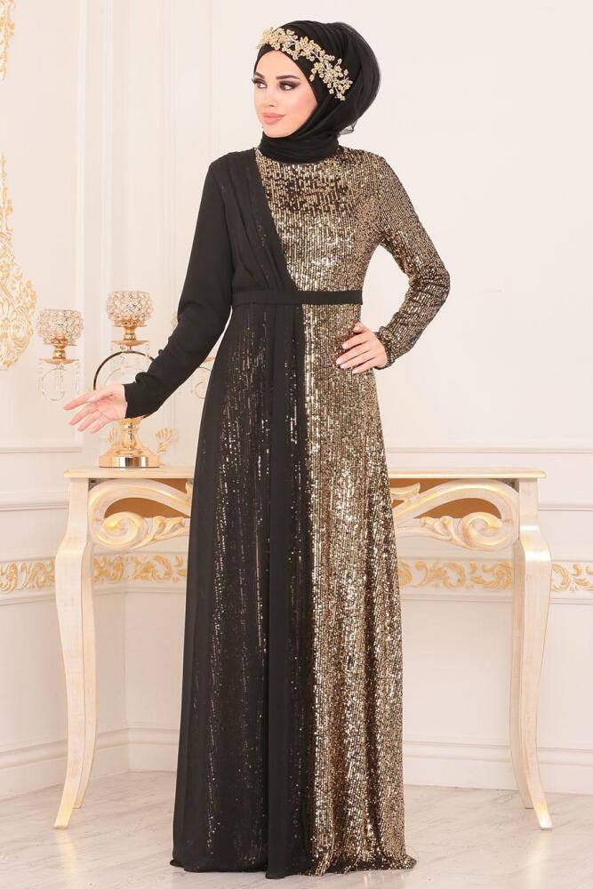 black and gold dress with hijab