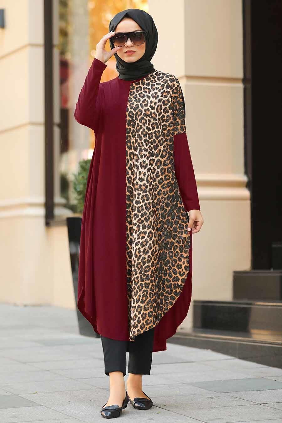 Neva Style Leopar Desenli Bordo Tesettur Tunik 4968br Tesetturisland Com