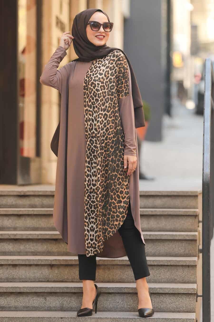 Neva Style Leopar Desenli Vizon Tesettur Tunik 4968v Tesetturisland Com