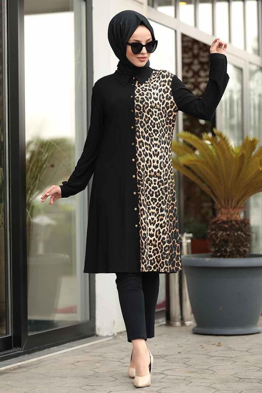 Neva Style Leopar Detayli Siyah Tesettur Tunik 49s Tesetturisland Com