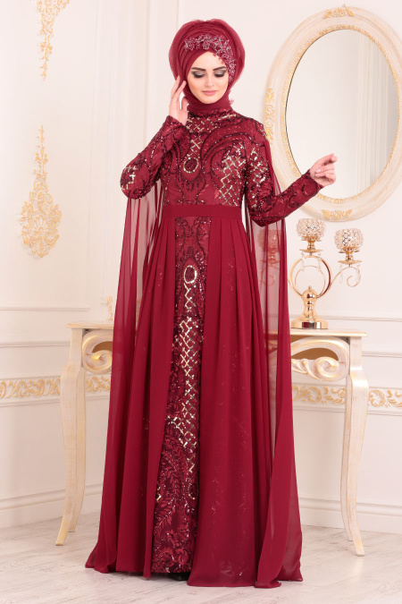 Rouge Bordeaux Tesetturlu Abiye Elbise Robe De Soiree Hijab 85130br Tesetturisland Com